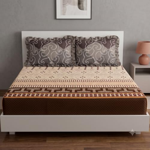 Image of DECOMIZER 300 TC Soft Cotton Feel Microfiber All Around Elastic Fitted Super King Bedsheet with 2 Frill Pillow Covers King Size (72x78) Fits Upto 12 inches Mattress | Coffee T