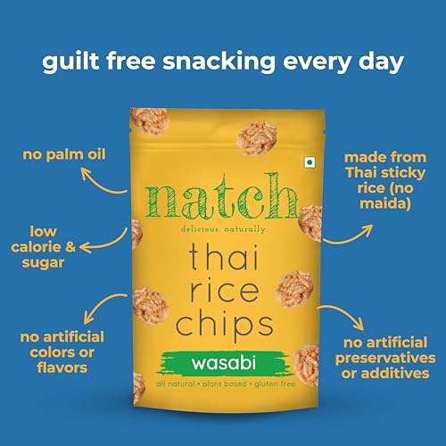 Image of Natch Thai Sticky Rice Chips, Gluten Free Healthy Snacks, Vegan, Party Family Pack, All Natural Crunchy Crackers (Wasabi) 100 Gm Each (Pack of 2)