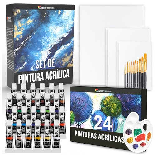 Set Pinturas (40 piezas) Zenacolor - 24x12ml Pinturas acrilicas, 5 lienzos para Pintar, 10 Pinceles, 1 Paleta - Set para Artistas