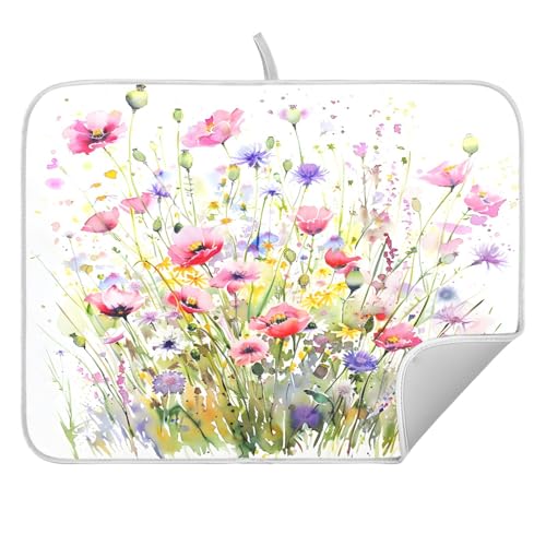 Wild Flowers Dish Drying Mat Dishes Pad Absorbent Fast Dry Dish Drainer Mat Protector for Kitchen Counter 16x18 Inches