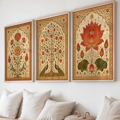 Image of NoWorries Lotus Peacock Wall Art Set of 3 Framed Prints | Indian Traditional Floral Botanical Painting, Royal Rajasthani Lotus Poster, Vintage Ethnic Wall Decor for Living Room Bedroom Home (Synthetic Engineered Wooden Frame) (Synthetic Engineered Wooden Frame) (MIN -9, 13x17 inches)