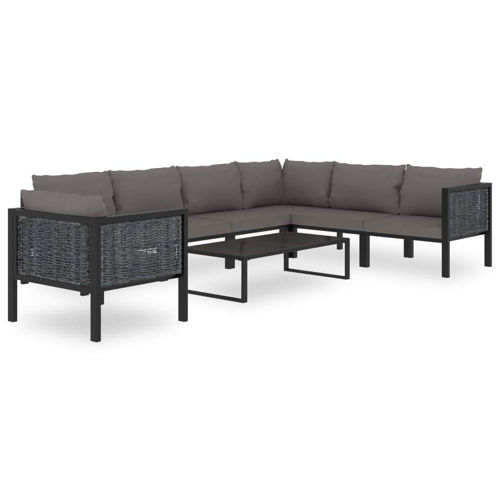 8-cz. zestaw wypoczynkowy z polirattanu z poduszkami, modułowa sofa ogrodowa, stolik kawowy ze szkła hartowanego, aluminiowa rama proszkowo malowana, komplet mebli na taras i patio