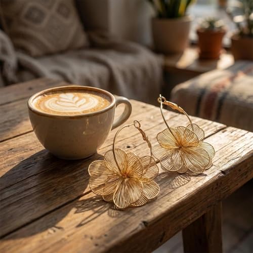 RINHOO Elegant 3D Floral Hoop Earrings Boho Statement Trendy Hoop Earring Flower Drop Earrings Jewelry (Style 1-Gold) - image 2