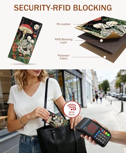 Image of Immaturus Womens Wallet, Mushroom Skull Slim Thin RFID Blocking Credit Card Wallets, Long Bifold PU Leather Card Holder Organizer, Goth Cash Clutch Billfold with Zipper Coin Pocket Ladies Girls Gift