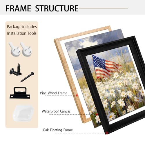 Image of American Flag Framed Canvas Wall Art, 4th of July Floral Canvas Prints, Wildflower Landscape Patriotic Decorations, Vintage Rustic Independence Day Wall Decor for Bedroom Living Room Office 12x16