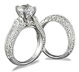 Venetia Top Grade Realistic Hearts and Arrows Cut 2 Carats Simulated Diamond Vintage Victorian Pave Ring Band Set 925 Silver Platinum Plated Art Decor Princess Wedding Engagement Solitaire (7)