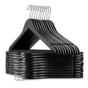 Ash & Roh - Wooden Suit Hangers with Non Slip Pants Bar Smooth Finish Solid Wood Coat Hanger 360 degree Swivel Hook Precisely Cut Notches for Camisole, Clothes Hangers (60, Black Hanger)