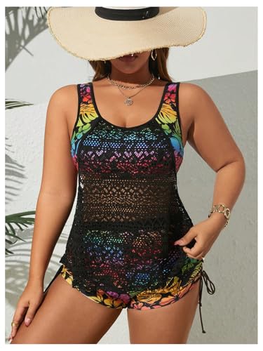 Women's Plus Size Tankini Swimsuits 2 Piece Floral Tropical Swimwear Hollow Out Bathing Suits Lace Beach Swimsuit3