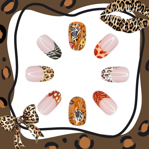 Image of Leopard Press on Nails French Tip Fake Nails Medium Almond False Nail Nude Glue on Nails Leopard Print Nail Press ons Artificial Acrylic Stick on Nail for Women Manicure 24Pcs