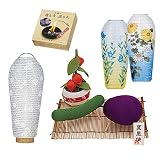 京仏壇はやし コンパクト 初盆セット 新盆セット 小珠 火袋2点セット (白紋天&美濃菊または桔梗) ちりめん お盆飾りセット 【送り火・迎え火付き】 【T-6】 牛・馬・ほおずき/迎え火・送り火・器・マッチ 桔梗 (お手入れ品 セット)