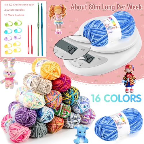 Wolle Powlyb Acrylset mit 16 Farben und 2 Häkelnadeln, 40g