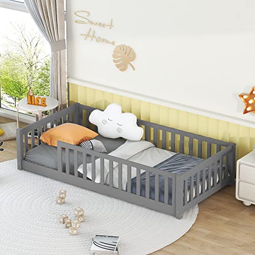 Twin Size Floor Bed For Kids Montessori Bed Frame With Fence Railings & Support Slats, Wooden Playhouse Beds For Boys Girls, No Box Spring Needed, Gray #TOP7