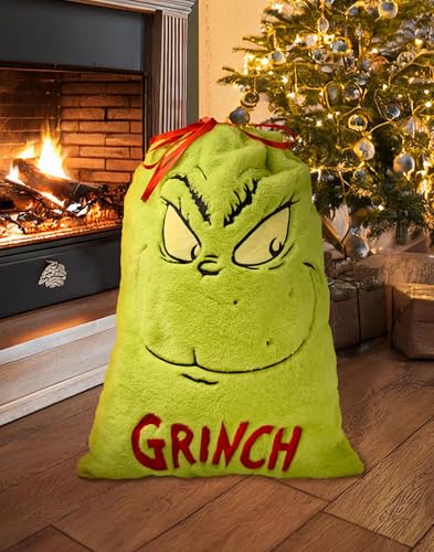 The Grinch Present Sack | Soft Fur Embroidered Multipurpose Christmas Theme Pouch | Green Festive Whoville Animated Character Drawstring Gift Bag | Seasonal Xmas Movie Merchandise Gift