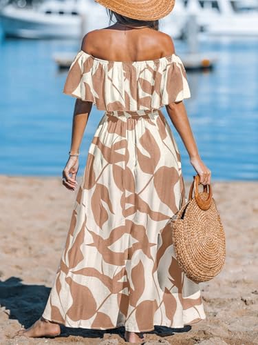 Image of CUPSHE Women Ruffle Floral Maxi Summer Dress Off Shoulder Short Sleeve Backless Flounce Bodice Slit Hem Beach Dresses