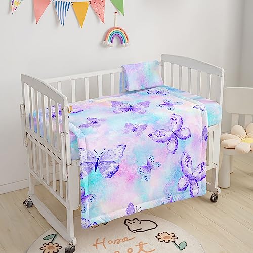 Image of Crib Bedding Set, 3-Piece Nursery Crib Bundle with Comforter, Crib Sheet & Skirt, Watercolor Butterfly Printed Bedding for Baby Boys & Girls (Butterfly Purple)