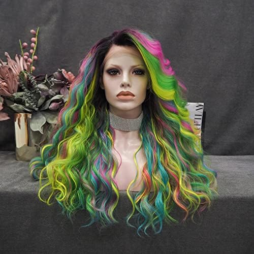 IMSTYLE Multicolor Lace Front Wigs Rainbow Colorful Green Wigs Loose Curl Dark Root Synthetic Hair Wig Heat Resistant with Natural Hairline 22 Inch