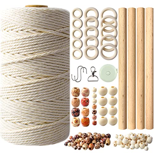 PESLNG 125 kusů macramé sada pro začátečníky, macramé startovací sada, příze 3 mm 109 yardů, macramé DIY sada s přívěškem na klíče, dřevěné perly, barevné dřevěné perly, dřevěné kroužky, dřevěné tyčinky, svinovací metr