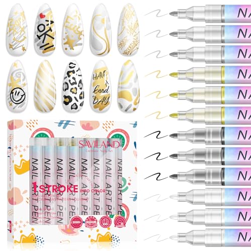 Image of SAVILAND Nail Art Pen Set: 12PCS Quick Dry 3D Nail Polish Pens for Nail Art Design with Fine Tips Acrylic Paint Markers for Drawing Liner Dotting and DIY Manicure Tools Kit at Home