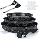 Colourcoco 10-teiliges Pfanne Induktion - 22/26/30 cm Antihaftbeschichtetes Pfanne mit Abnehmbarem Griff, Ofenfest & für alle Herdarten Geeignet – Bratpfanne für Zuhause und Camping
