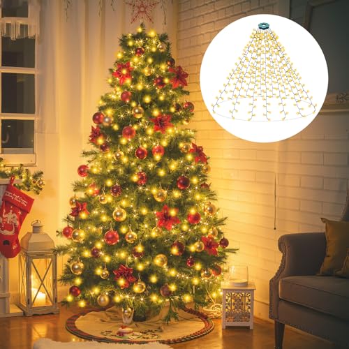 Rintea Luces Árbol Navidad Interior, 400 LEDs 2M x 16 Líneas, Blanco Cálido Luces Navidad Árbol Impermeable, 8 Modos, para Interior y Exterior