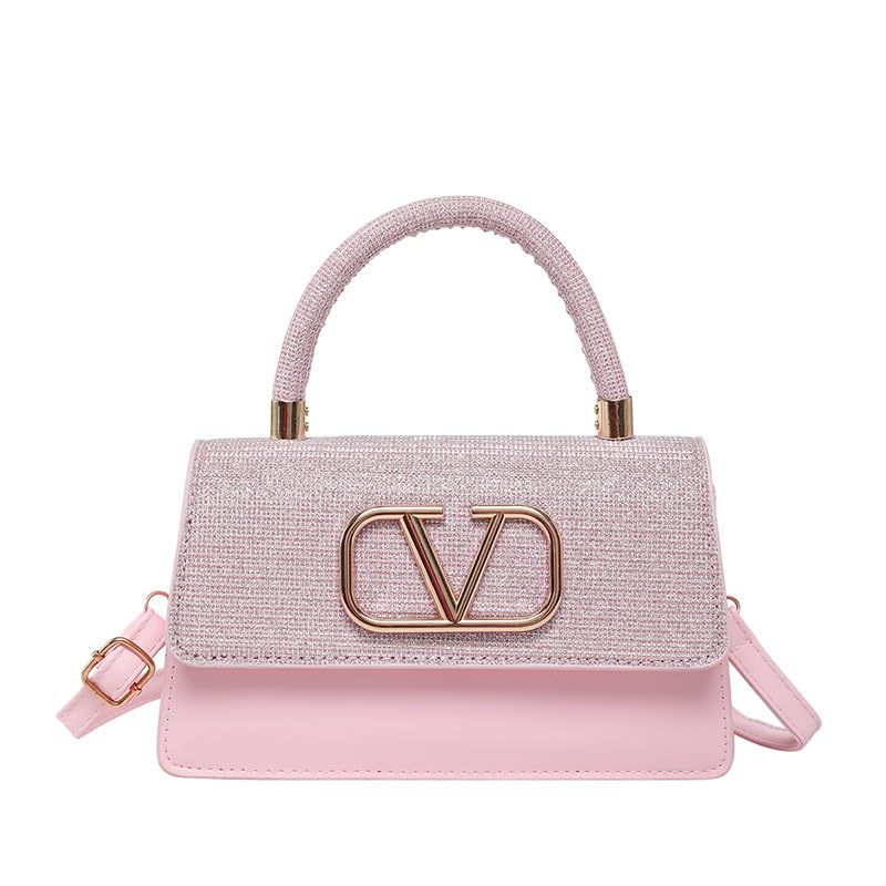 Designer Mini Handbag for Women, Glitter Top Handle Crossbody Purse with Gold V Logo, PU Leather, 8.7x4.9x2.6 Inch