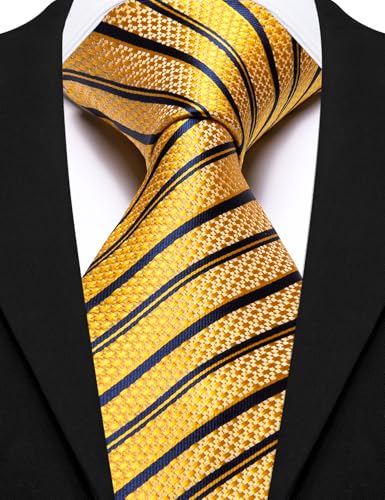 Image of Barry.Wang Gold Blue Silk Men Ties Formal Stripes Necktie and Tie Clip for Wedding Party Business Fashion Classic