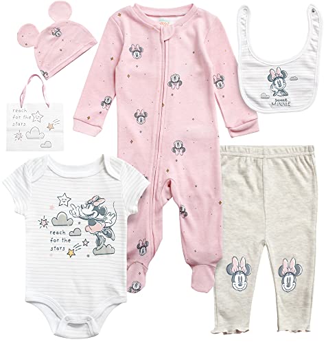 Disney Baby Boys Girls Newborn Essentials 7 Piece Layette Christmas Gift Set: Mickey Mouse Winnie the Pooh Minnie Mouse, 0-6M, Size 0-3M, Minnie Light Pink/Heather Grey