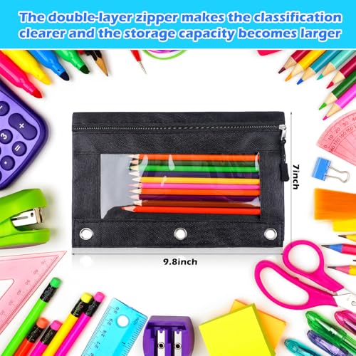 Image of Zhehao 200 Pcs Pencil Pouches for 3 Ring Binder, Bulk Zipper Pencil Pouch Pen Case with Clear Window Cloth Pocket 3 Hole Bag for Storing School Office Supplies (Black)