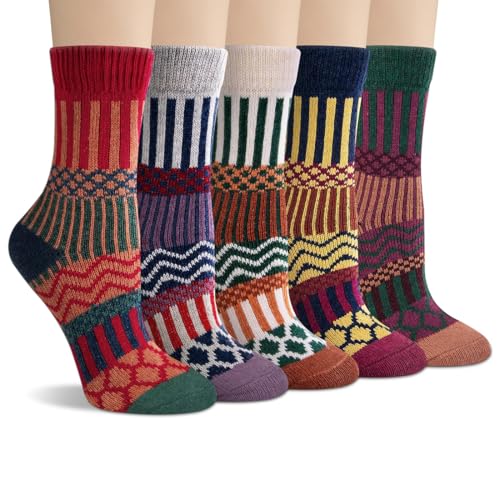 Calcetines de lana, 5 pares Mujer Calcetines calientes, Colorido Calcetines Invierno de Lana Para Mujer, Suave y Acogedora, Calcetines Térmicos Cálidos, Regalo de Cumpleaños de Navidad para Mujer