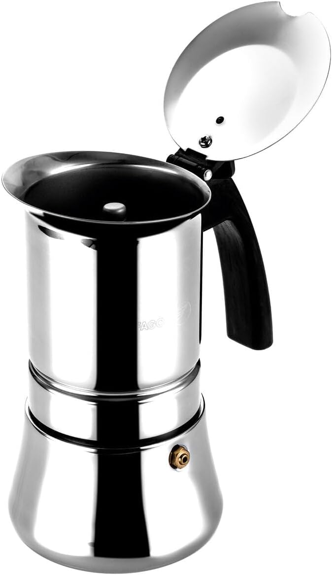 Fagor Etnica 4-Cup Stainless Steel Coffee Maker with lid open, showing the top jug