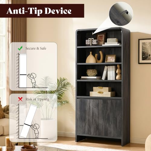 Image of AMERLIFE 71 inch Modern Bookcase Set of 2 with Storage Cabinets, Black | 2 Pieces Bookshelf Set, Storage Cabinets with Adjustable Shelves, Curved Design, Ideal for Living Room, Bedroom, Home Office
