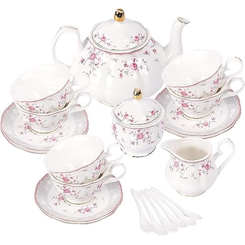 fanquare Vintage Porcelain Tea Set for Women Tea Party, Cup and Saucer Set for 6, Wedding Floral Teapot Set for Adults, Pink Rose