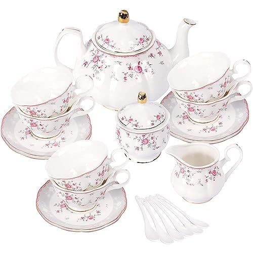 fanquare Juego de Té de Porcelana, Juego de Taza y Platillo, Juego de Té para 6 Personas, Tetera de Boda Azucarera Jarra de Crema, Juego de Café de China Floral, Rosa Roja