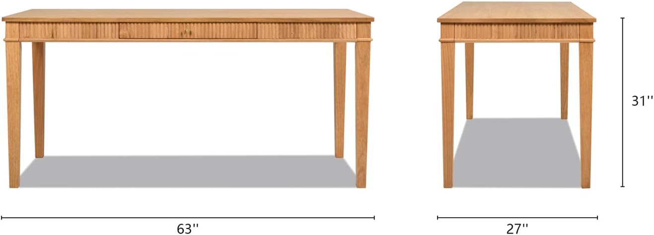 Diagram showing the dimensions of the Dumont Writing Desk: 63 inches wide, 27 inches deep, 31 inches high
