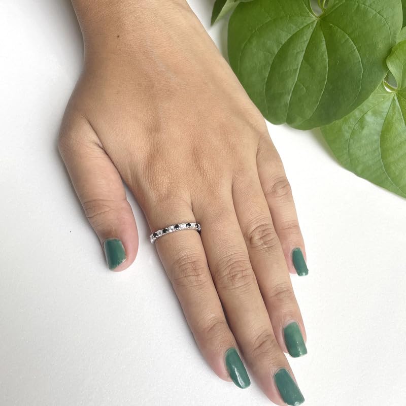 Miniatura 2 de Alternate Black & White Diamond Half Eternity Wedding Band For Women, 14k Rose Gold Finish Black Diamond Wedding Band, Ladies Stackable Diamond Ring