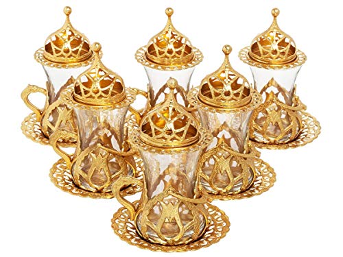 LaModaHome Turkish Arabic Tea Glasses Set of 6 with Saucers, Holders and Lids- Fancy Vintage Gold Handmade Set for Serving, Gift, Teatime