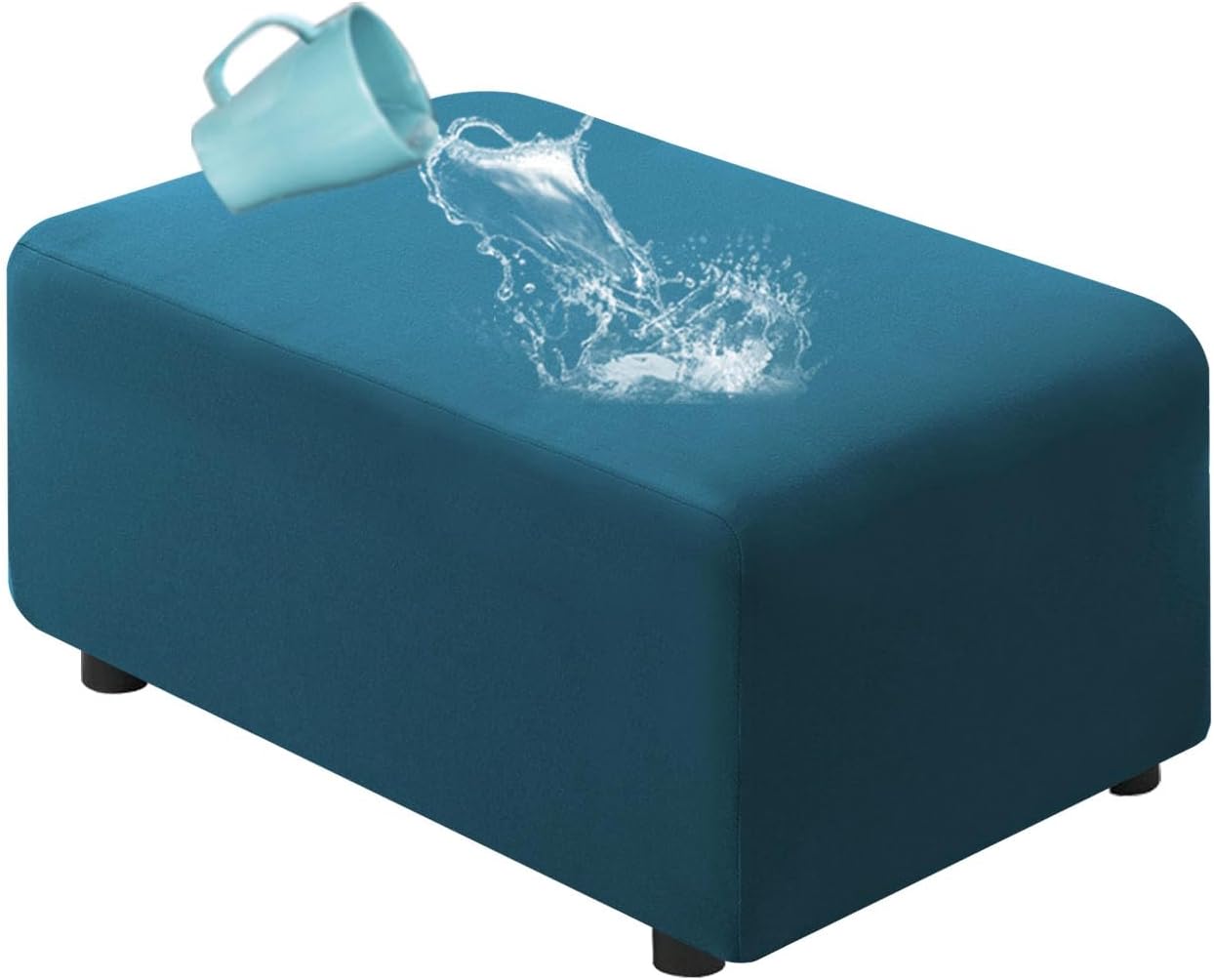 H.VERSAILTEX 100% Waterproof Ottoman Cover Rectangle Stretch Velvet Ottoman Slipcovers for Living Room with Nonslip Elastic Bottom Furniture Protector Thick Soft Fleece Fabric (X Large, Peacock Blue)