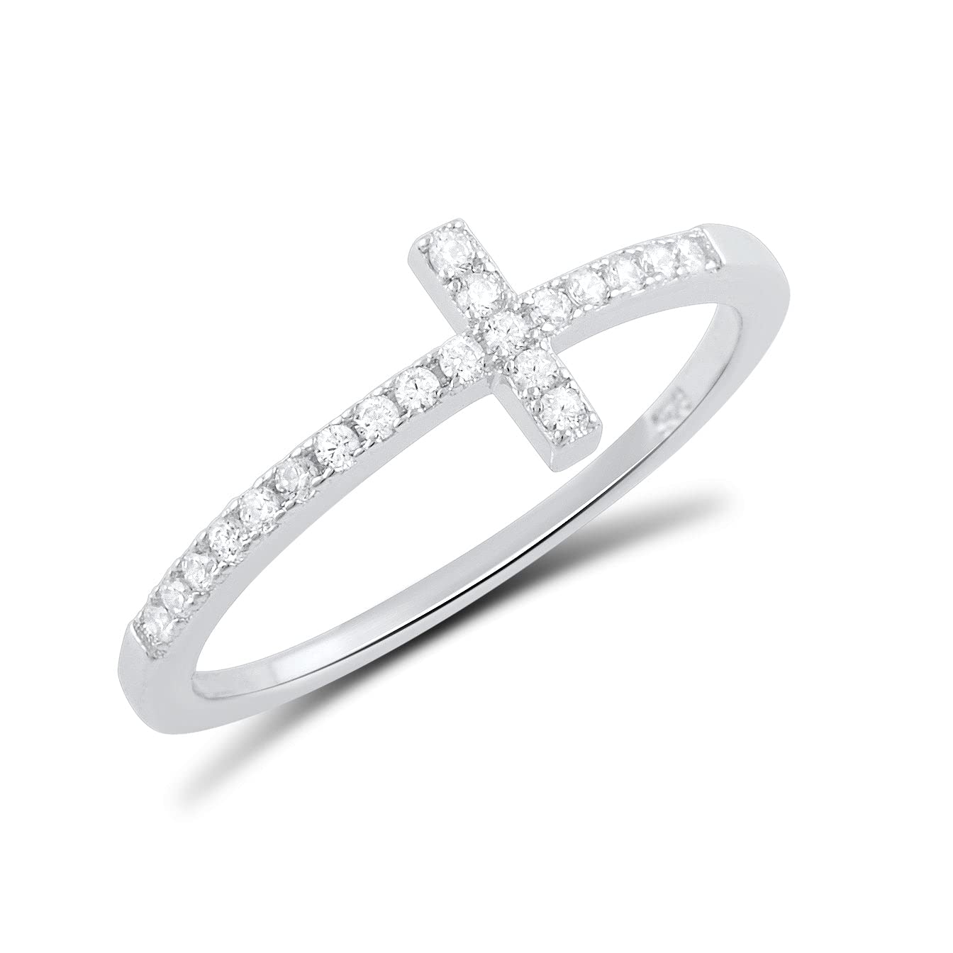 SilverCloseOutRhodium Plated Sterling Silver Thin Womens Cz Cubic Zirconia Stackable Sideways Cross Ring Size 4-12