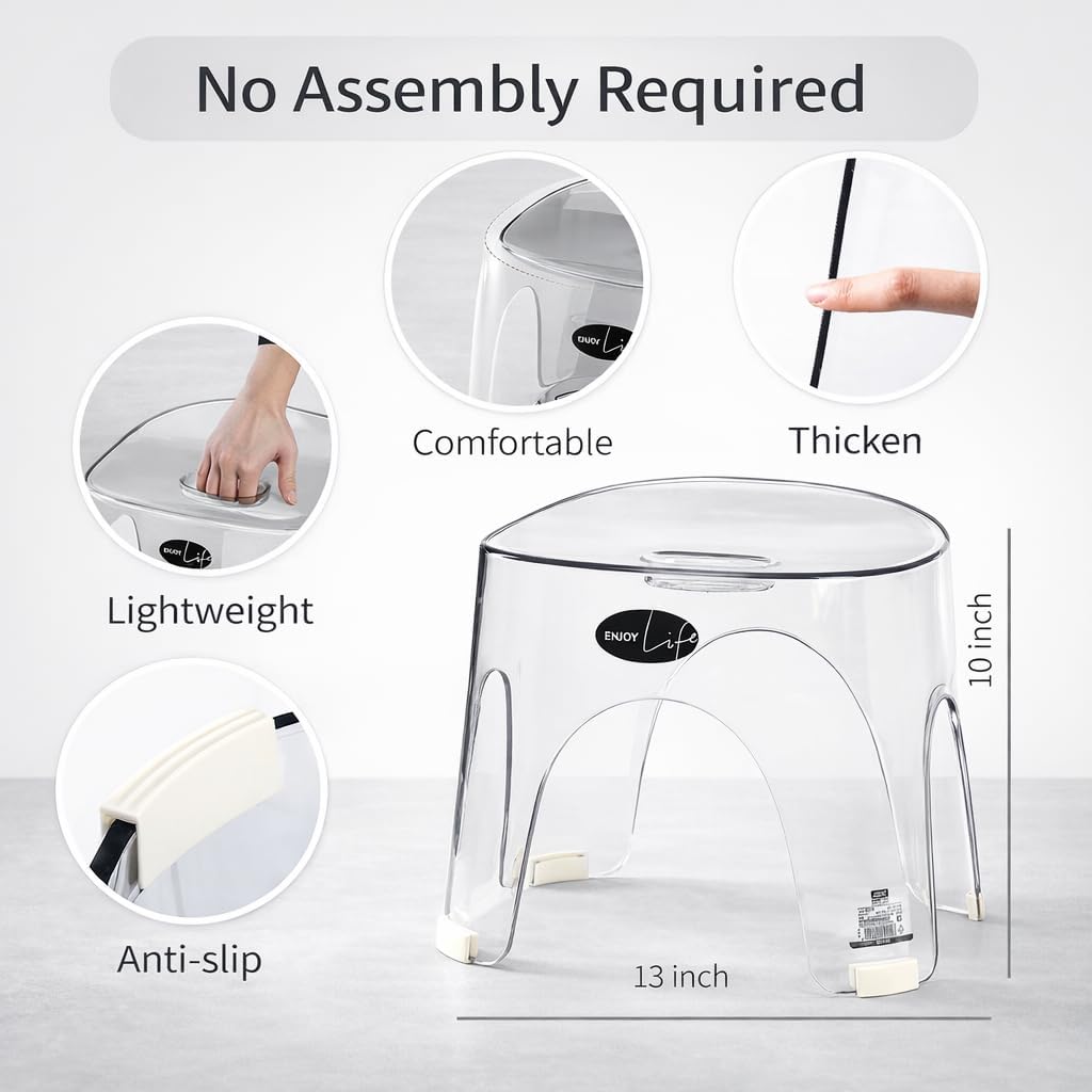 Acrylic Small Shower Stool for Inside Shower - Waterproof Bathroom Stool Clear Shower Stool for Shaving Legs, Corner Round Stool with Anti-Slip for Small Spaces, 300 lb, Tool-Free Assembly