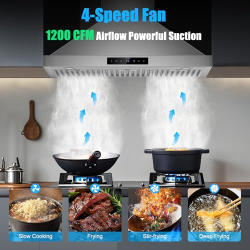 Image of 36 inch Range Hood Wall Mount, 1200 CFM with 4-Speed Gesture Sensing & Touch Control, Stainless Steel Ducted Kitchen Stove Vent Hoods with 2 LED Lights, Time Setting, Dishwasher-Safe Baffle Filters