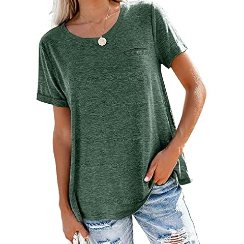 Bingerlily Women's Roll Up Short Sleeve T Shirts Summer Crew Neck Tops Loose Causal Tees with Pocket Green Cover