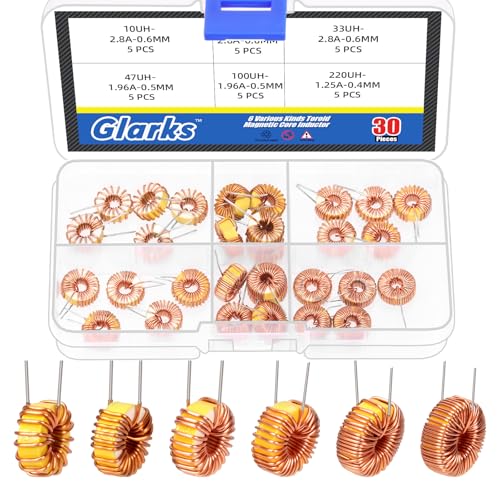 Glarks 30pcs 6 Sizes Toroid Core Inductor Kit, 10UH-2.8A 22UH-2.8A 33UH-2.8A 47UH-1.96A 100UH-1.96A 220UH-1.25A Inductance Copper Coil, Toroid Magnetic Inductor for Transformers DIY Circuit Board