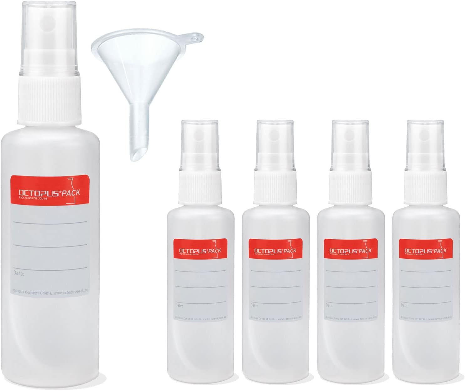 Octopus 5x 50 ml spray bottles with finger sprayer, HDPE plastic bottles with pump sprayer, incl. funnel + labels