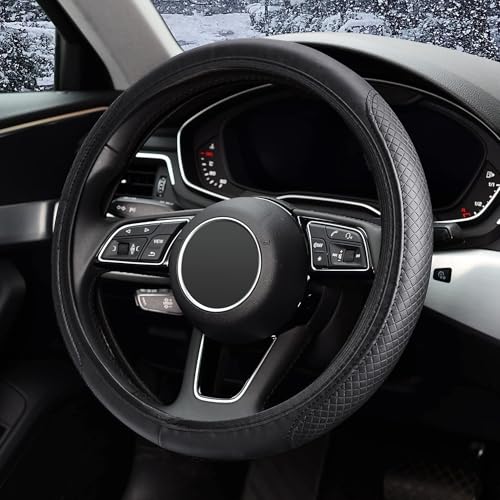 Lenkradbezug, weiches Leder, rutschfest, atmungsaktiv, Universalgröße 37–38 cm, Schwarz