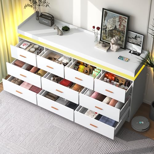 Image of jiteentarou 10 Drawer Dresser with Charging Station and LED Lights, Modern Chest of Drawers with Power Outlet, Organizer Cabinet for, Living Room, Entryway, White