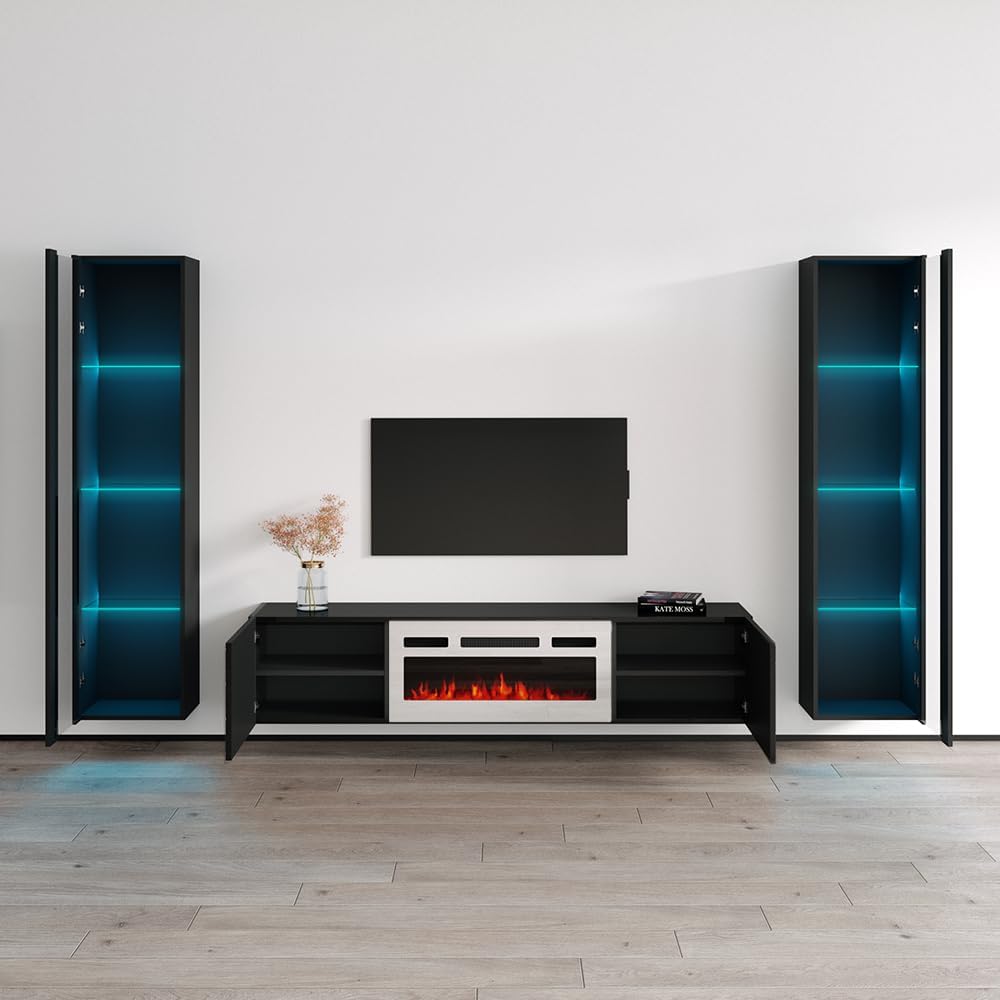 Meble Furniture Luxe WH-EF 41'' Wall-Mounted Entertainment Center — Electric Fireplace and Storage Bookcases — High Gloss Finish, 41 x 15 x 60 inches — Black