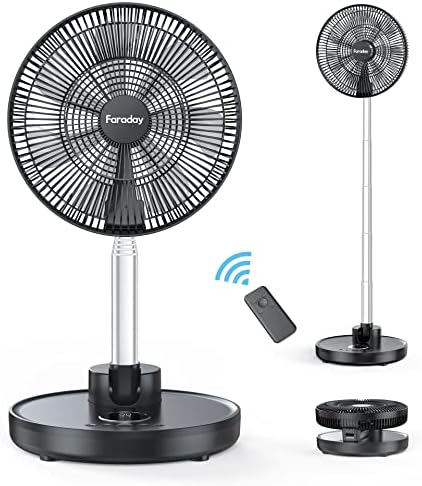 FARADAY Oscillating Standing Fan 12” Foldable Portable Quiet Floor Fan 12000mAh Rechargeable Pedestal Fan with Remote, Timer Setting, Height Adjustable Foldaway Fan for Bedroom Home Office, 6 Speed