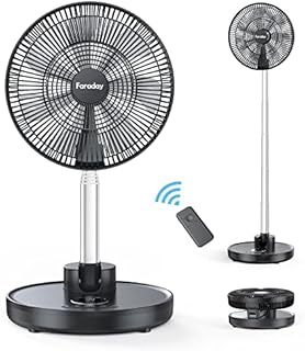 FARADAY Oscillating Standing Fan 12” Foldable Portable Quiet Floor Fan 12000mAh Rechargeable Pedestal Fan with Remote, Timer Setting, Height Adjustable Foldaway Fan for Bedroom Home Office, 6 Speed