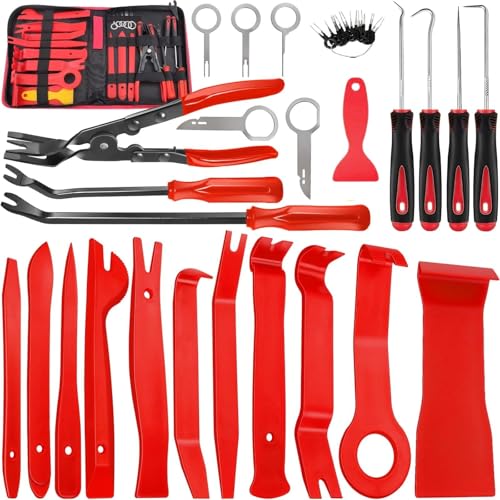 Srumvoat 38 Pcs Car Trim Removal Tool Kit, Includes Panel Removal Tool, Pry Tools, Hook Pick Set, Automotive Stereo Radio Removals Keys, Terminal Removals, Garage Mechanic Tools & Equipment (Red)