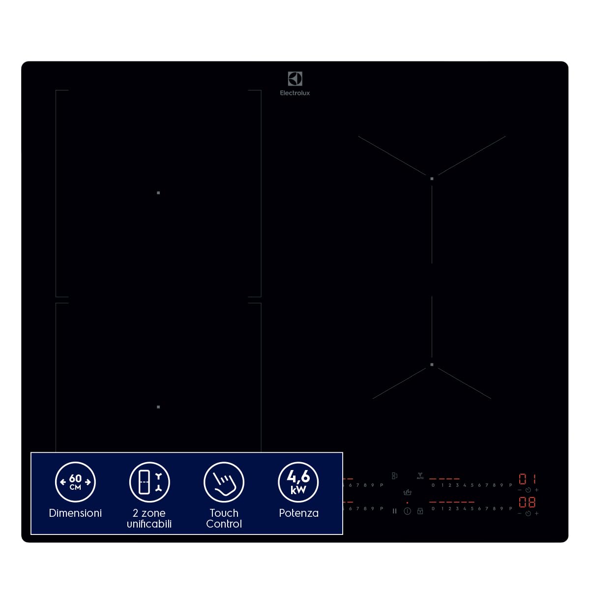 Electrolux LIL63443 Plateau de cuisson à induction Bridge 60 cm, 4 zones de cuisson, fonction pont, noir